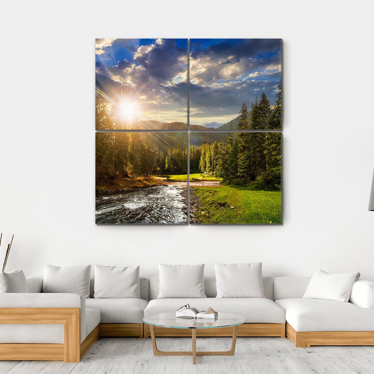 Pine Trees In Mountains And A River Canvas Wall Art-4 Square-Gallery Wrap-17" x 17"-Tiaracle