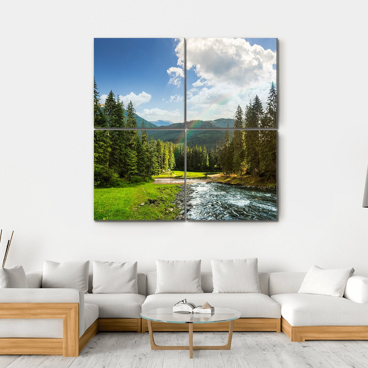Pine Trees In Mountains And A River Canvas Wall Art-4 Square-Gallery Wrap-17" x 17"-Tiaracle