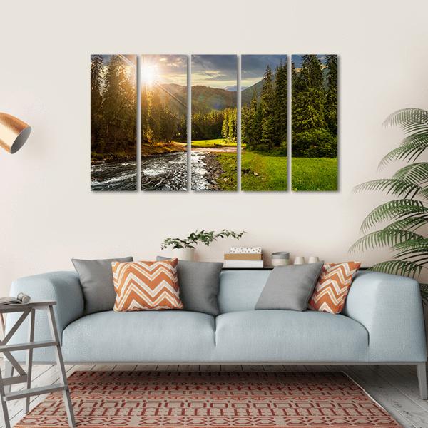 Pine Trees In Mountains And A River Canvas Wall Art-5 Horizontal-Gallery Wrap-22" x 12"-Tiaracle