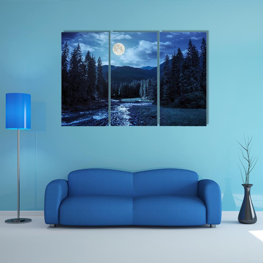 Pine Trees In Mountains And A River Canvas Wall Art-3 Horizontal-Gallery Wrap-37" x 24"-Tiaracle
