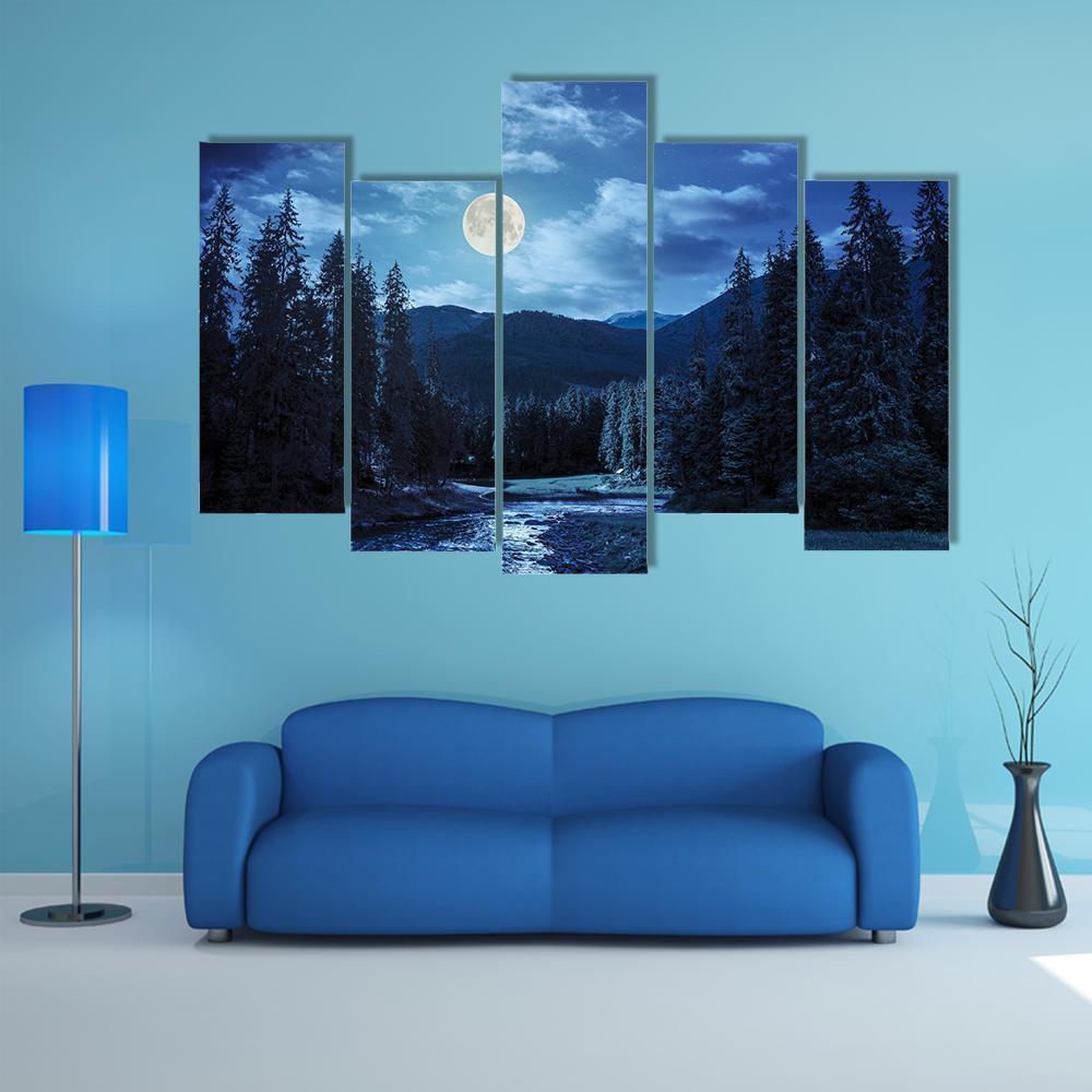 Pine Trees In Mountains And A River Canvas Wall Art-5 Pop-Gallery Wrap-47" x 32"-Tiaracle