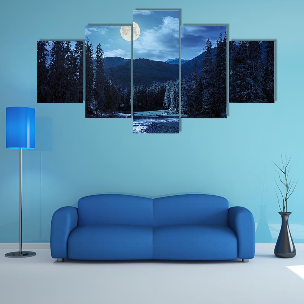 Pine Trees In Mountains And A River Canvas Wall Art-5 Star-Gallery Wrap-62" x 32"-Tiaracle