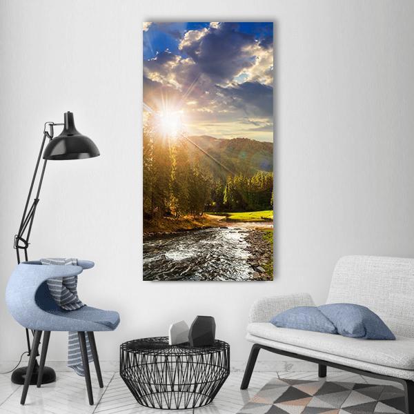 Pine Trees In Mountains And River Vertical Canvas Wall Art-1 Vertical-Gallery Wrap-12" x 24"-Tiaracle