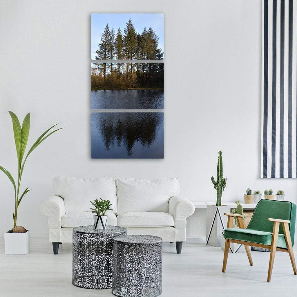 Pine Trees Reflection In Lake Vertical Canvas Wall Art-3 Vertical-Gallery Wrap-12" x 25"-Tiaracle