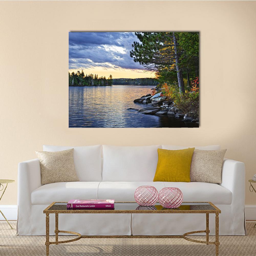 Pines at Lake of Two Rivers Canvas Wall Art in yellow, green and blue, single panel hung on a wall