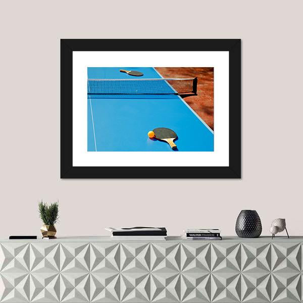 Ping Pong Ball With Paddle On Tennis Table Canvas Wall Art-1 Piece-Framed Print-20&quot; x 16&quot;-Tiaracle