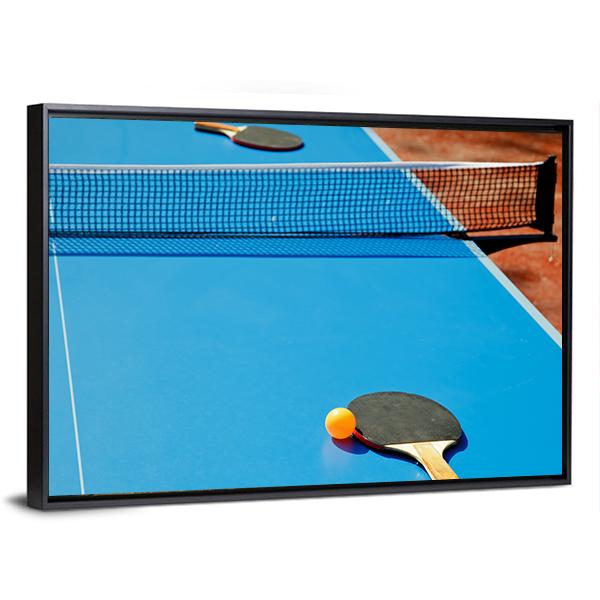 Ping Pong Ball With Paddle On Tennis Table Canvas Wall Art-3 Horizontal-Gallery Wrap-25&quot; x 16&quot;-Tiaracle