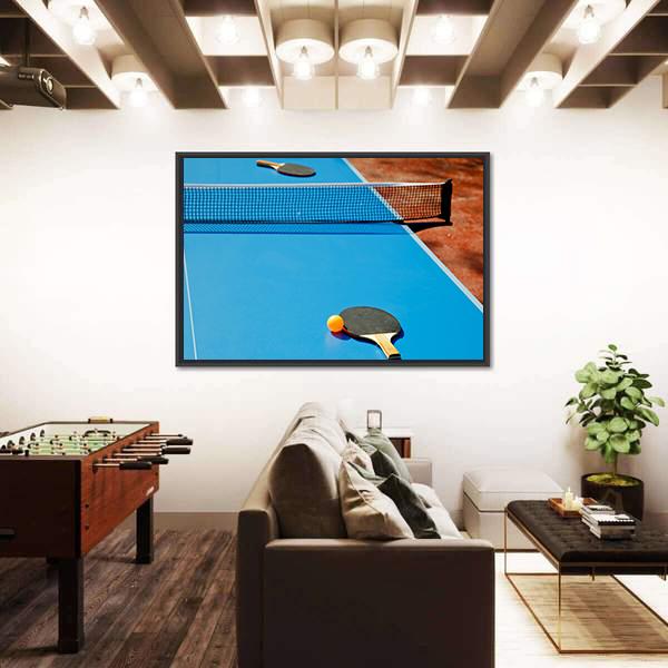 Ping Pong Ball With Paddle On Tennis Table Canvas Wall Art-3 Horizontal-Gallery Wrap-25&quot; x 16&quot;-Tiaracle