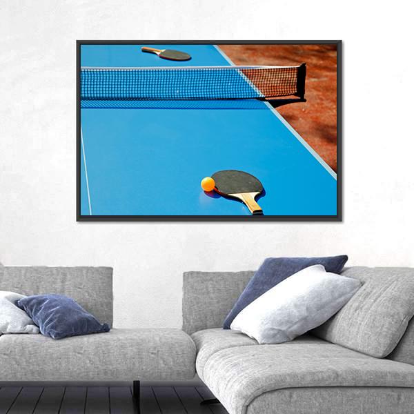 Ping Pong Ball With Paddle On Tennis Table Canvas Wall Art-3 Horizontal-Gallery Wrap-25&quot; x 16&quot;-Tiaracle