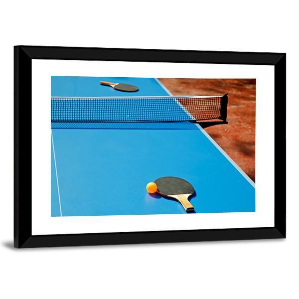 Ping Pong Ball With Paddle On Tennis Table Canvas Wall Art-3 Horizontal-Gallery Wrap-25&quot; x 16&quot;-Tiaracle