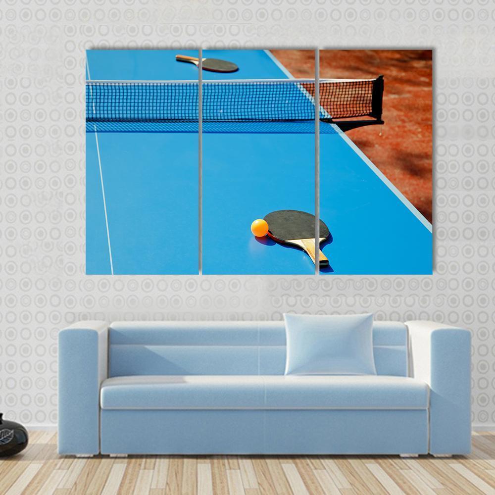 Ping Pong Ball With Paddle On Tennis Table Canvas Wall Art-3 Horizontal-Gallery Wrap-37&quot; x 24&quot;-Tiaracle
