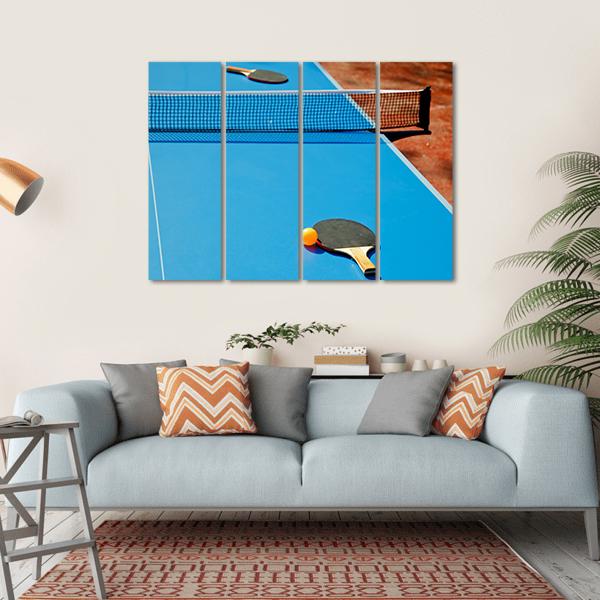 Ping Pong Ball With Paddle On Tennis Table Canvas Wall Art-4 Horizontal-Gallery Wrap-34" x 24"-Tiaracle