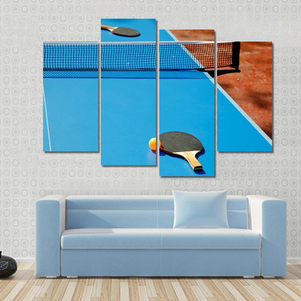 Ping Pong Ball With Paddle On Tennis Table Canvas Wall Art-3 Horizontal-Gallery Wrap-25" x 16"-Tiaracle