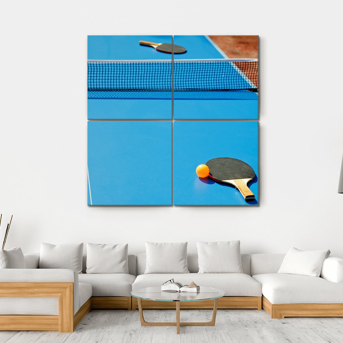 Ping Pong Ball With Paddle On Tennis Table Canvas Wall Art-4 Square-Gallery Wrap-17" x 17"-Tiaracle