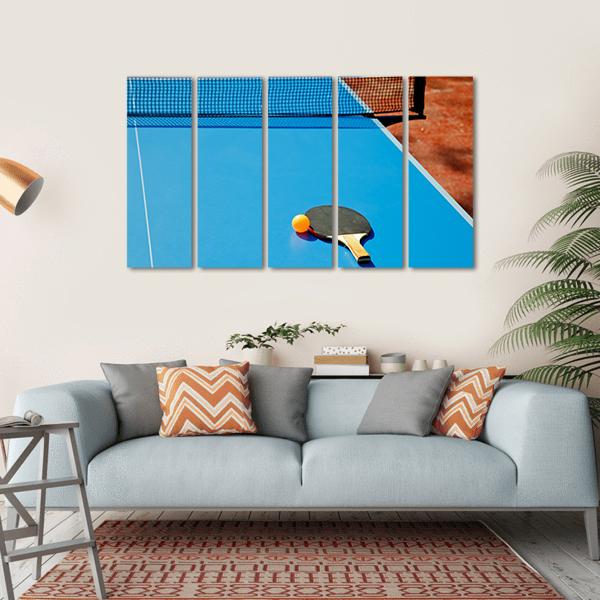 Ping Pong Ball With Paddle On Tennis Table Canvas Wall Art-5 Horizontal-Gallery Wrap-22" x 12"-Tiaracle