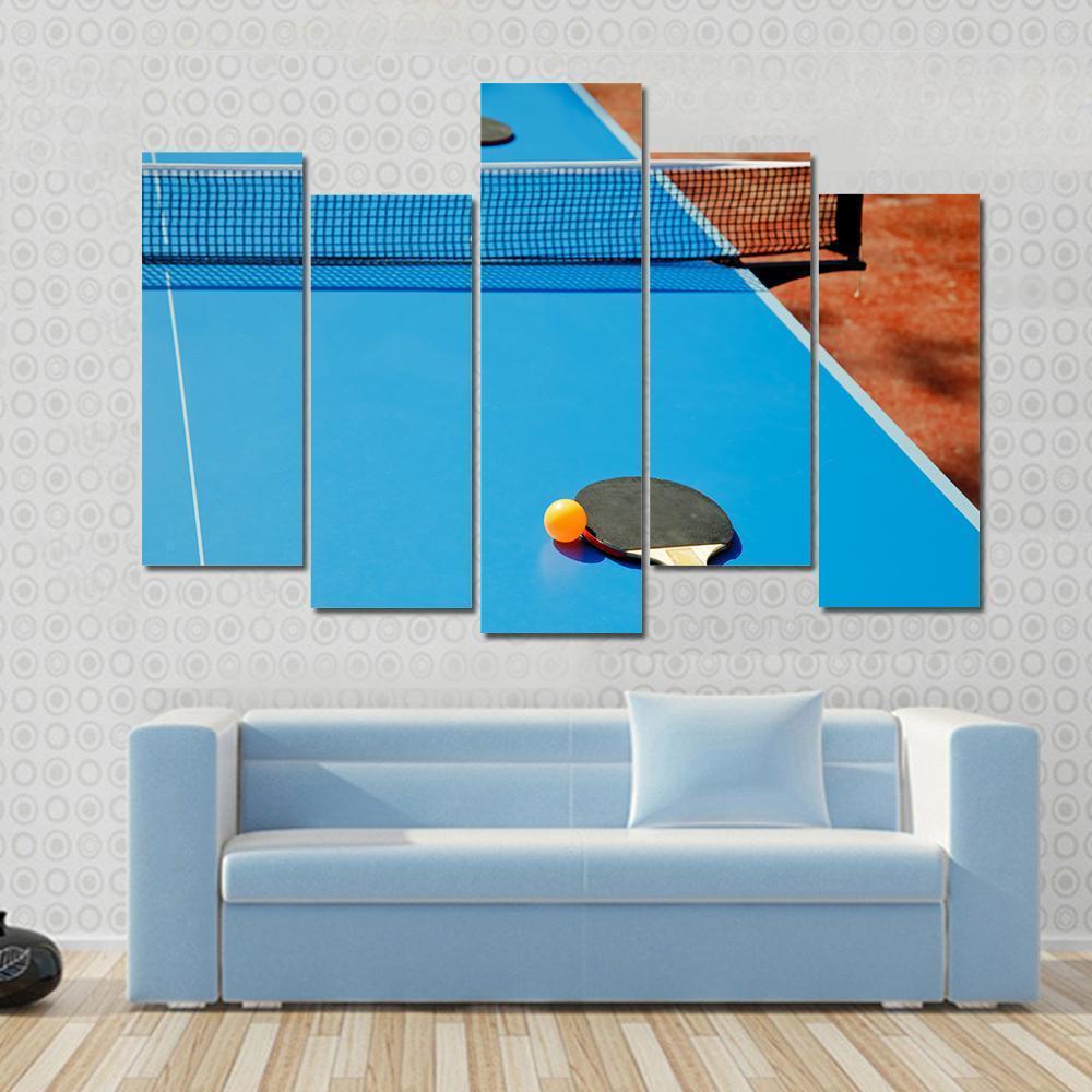 Ping Pong Ball With Paddle On Tennis Table Canvas Wall Art-5 Pop-Gallery Wrap-47&quot; x 32&quot;-Tiaracle