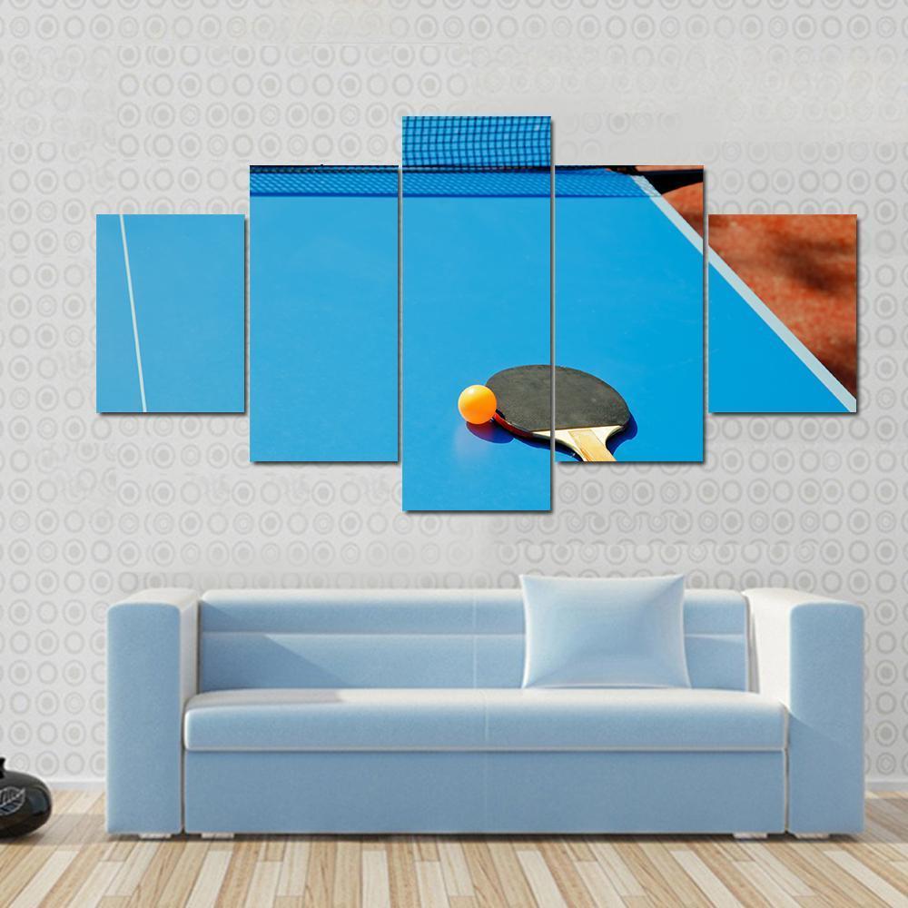 Ping Pong Ball With Paddle On Tennis Table Canvas Wall Art-5 Star-Gallery Wrap-62&quot; x 32&quot;-Tiaracle