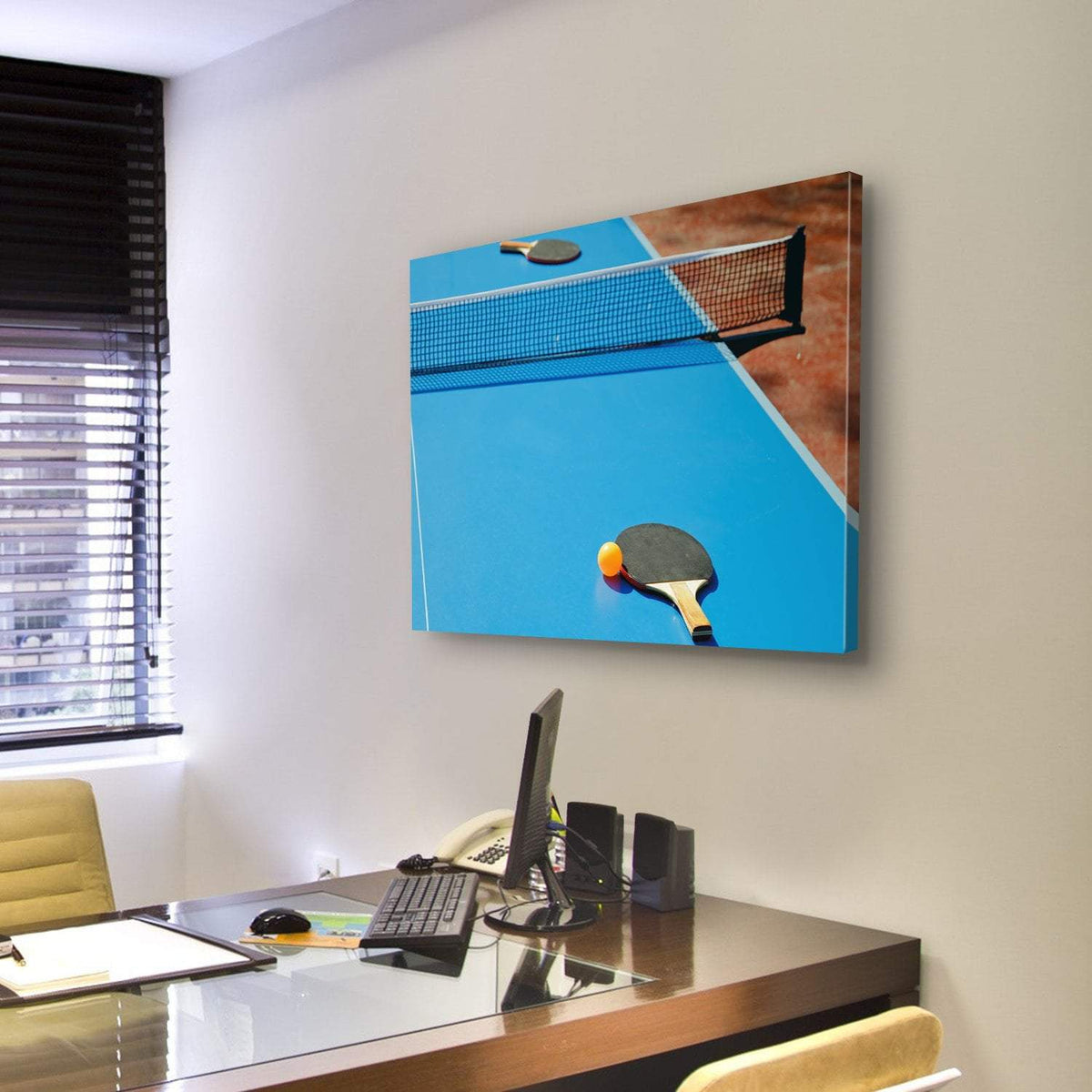 Ping Pong Ball With Paddle On Tennis Table Canvas Wall Art-3 Horizontal-Gallery Wrap-25" x 16"-Tiaracle