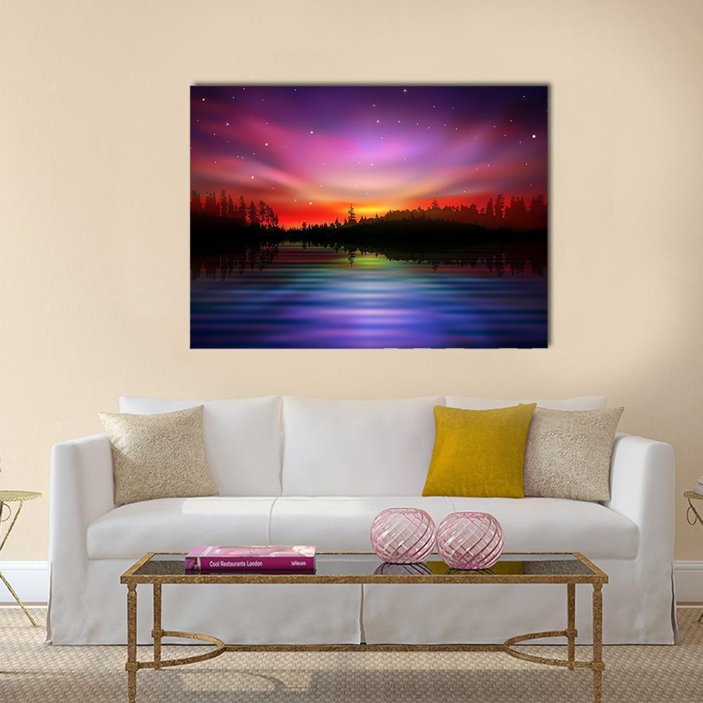 Pink Aurora Borealis Canvas Wall Art in black, purple and pink, single panel hung on a wall