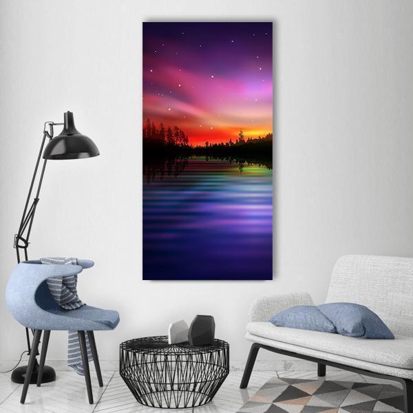 Pink Aurora Over Lake at Night Vertical Canvas Wall Art in blue, purple and pink, single vertical panel hung on a wall