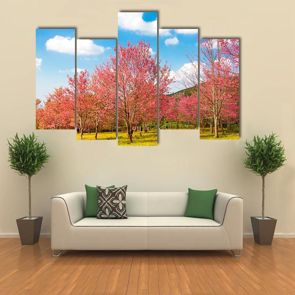 Pink Cherry Blossom Flower Canvas Wall Art-5 Pop-Gallery Wrap-47" x 32"-Tiaracle