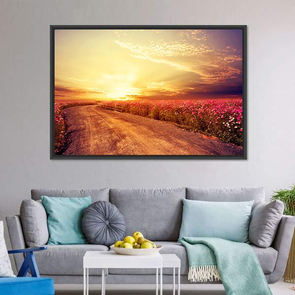 Pink Cosmos Flower Field Canvas Wall Art-5 Horizontal-Gallery Wrap-22" x 12"-Tiaracle