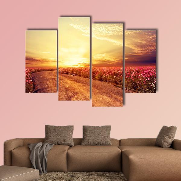 Pink Cosmos Flower Field Canvas Wall Art-4 Pop-Gallery Wrap-50" x 32"-Tiaracle