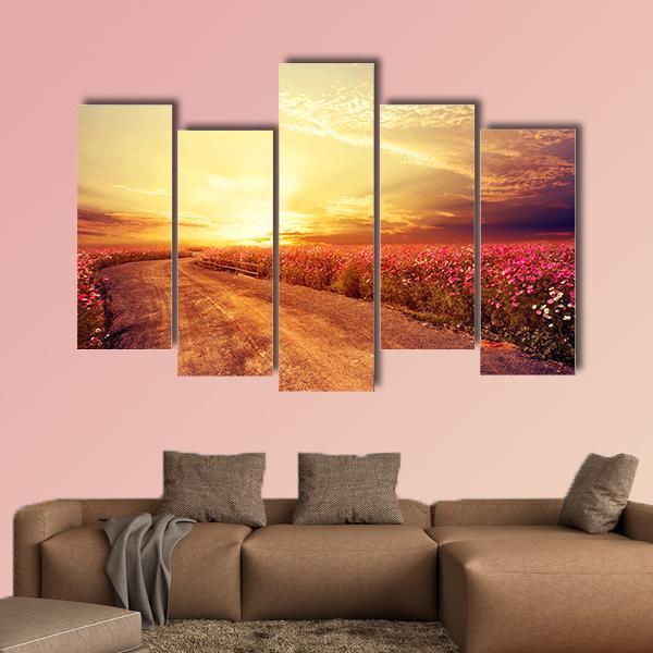 Pink Cosmos Flower Field Canvas Wall Art-5 Pop-Gallery Wrap-47" x 32"-Tiaracle