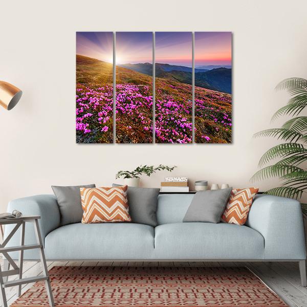 Pink Flowers On Mountain Canvas Wall Art-4 Horizontal-Gallery Wrap-34" x 24"-Tiaracle