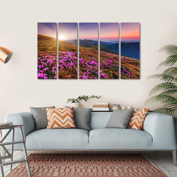 Pink Flowers On Mountain Canvas Wall Art-5 Horizontal-Gallery Wrap-22" x 12"-Tiaracle