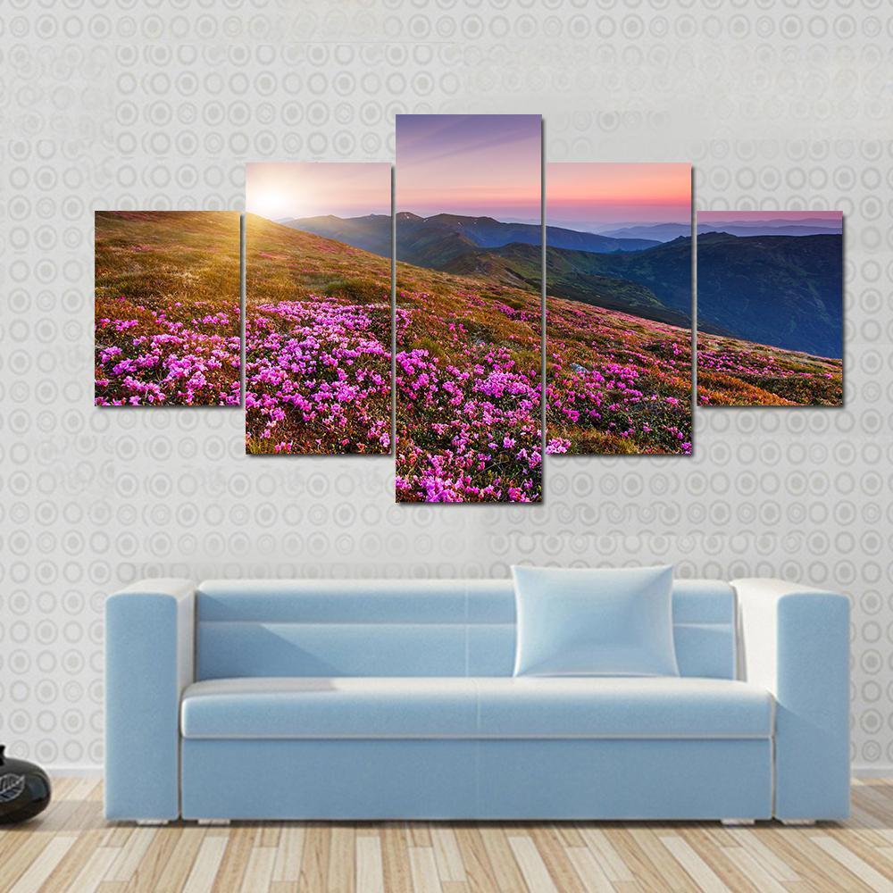 Pink Flowers On Mountain Canvas Wall Art-3 Horizontal-Gallery Wrap-37" x 24"-Tiaracle