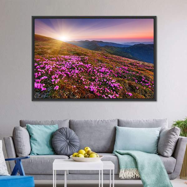 Pink Flowers On Mountain Panoramic Canvas Wall Art-1 Piece-36" x 12"-Tiaracle