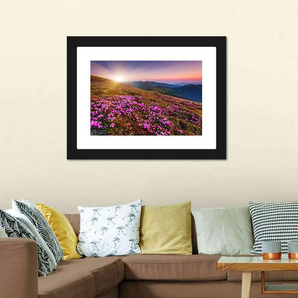 Pink Flowers On Mountain Panoramic Canvas Wall Art-1 Piece-36" x 12"-Tiaracle