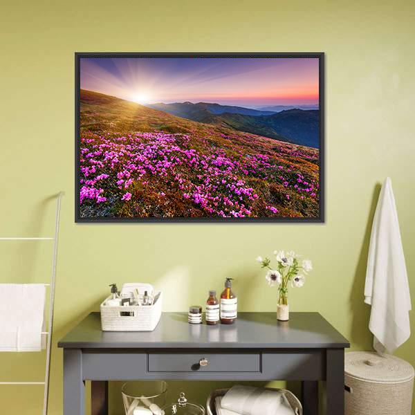 Pink Flowers On Mountain Panoramic Canvas Wall Art-1 Piece-36" x 12"-Tiaracle