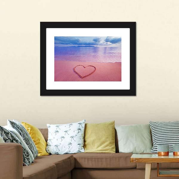Pink Heart On Sand Panoramic Canvas Wall Art-1 Piece-36" x 12"-Tiaracle