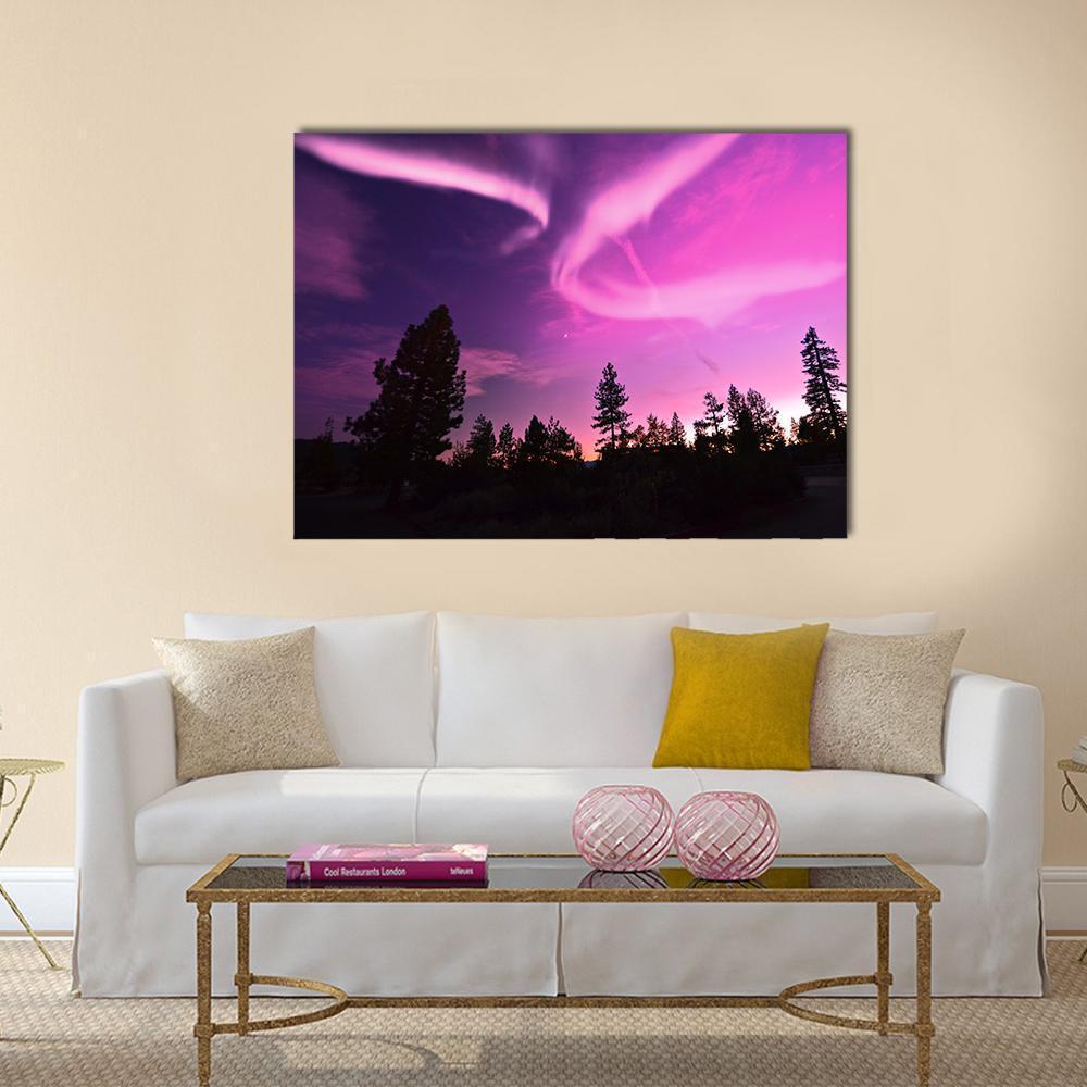 Pink Northern Lights Canvas Wall Art in black, purple and pink, 5 panel Pop layout hung on a wall