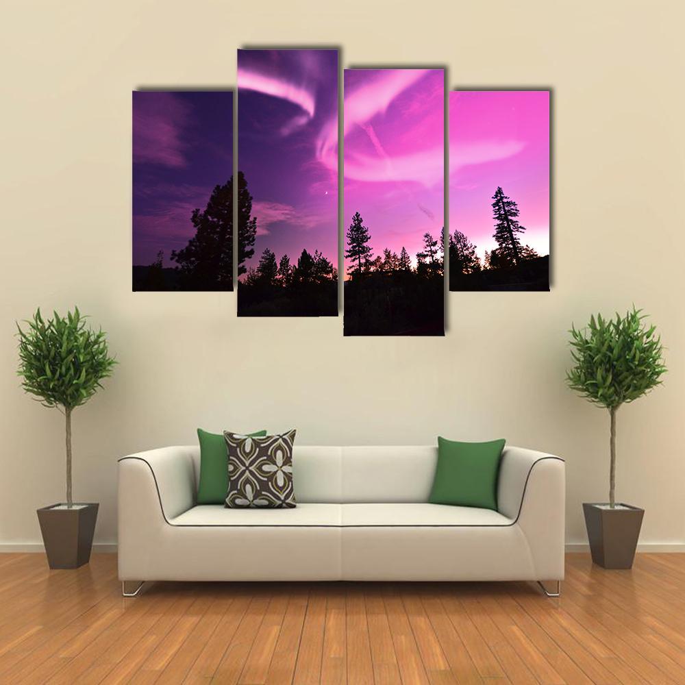 Pink Northern Lights Canvas Wall Art in black, purple and pink, 5 panel Pop layout hung on a wall