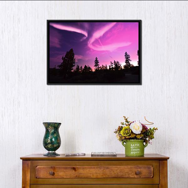 Pink Northern Lights Canvas Wall Art in black, purple and pink, framed canvas, product view on a white background