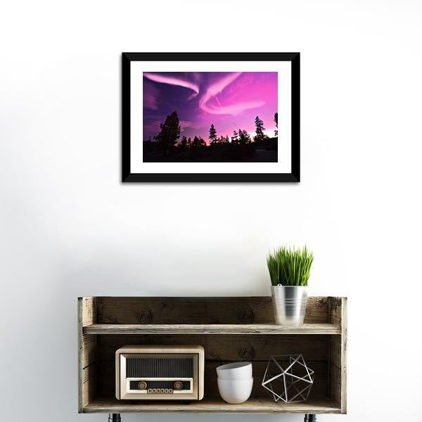 Pink Northern Lights Canvas Wall Art in black, purple and pink, framed print, product view on a white background