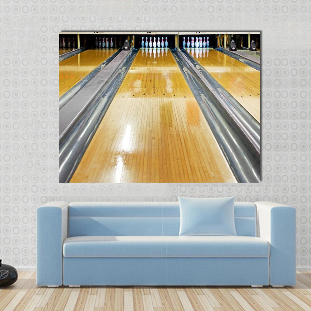 Bowling Alley Pins Canvas Wall Art in gray, brown and yellow, single panel hung on a wall