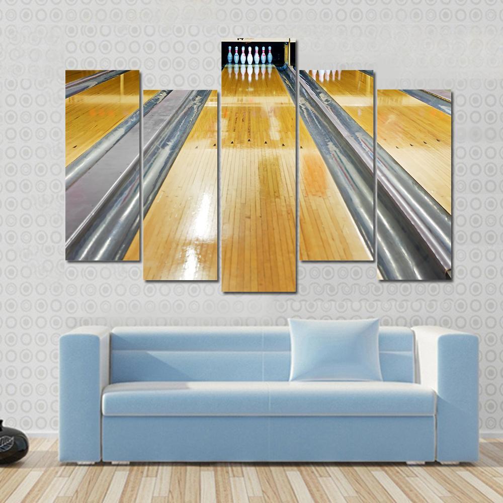 Pins At The End Of Bowling Lane Canvas Wall Art-5 Pop-Gallery Wrap-47&quot; x 32&quot;-Tiaracle