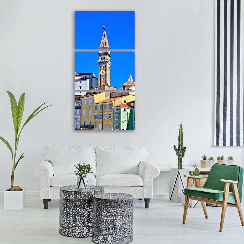 Piran Tower And Church In Slovenia Vertical Canvas Wall Art-3 Vertical-Gallery Wrap-12" x 25"-Tiaracle