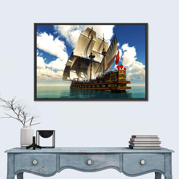 Pirate Brigantine at Sea Canvas Wall Art in white, brown and blue, framed canvas, product view on a white background