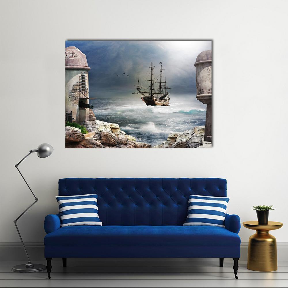 Pirate Ship Anchored In Bay Of A Fort Canvas Wall Art-1 Piece-Gallery Wrap-36" x 24"-Tiaracle