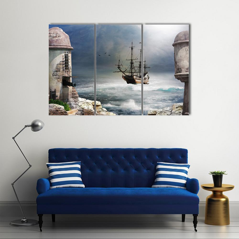 Pirate Ship Anchored In Bay Of A Fort Canvas Wall Art-3 Horizontal-Gallery Wrap-37" x 24"-Tiaracle