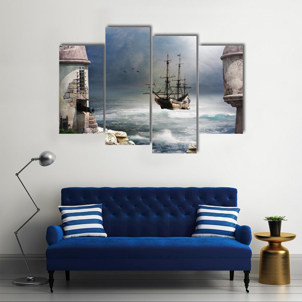 Pirate Ship Anchored In Bay Of A Fort Canvas Wall Art-4 Pop-Gallery Wrap-50" x 32"-Tiaracle