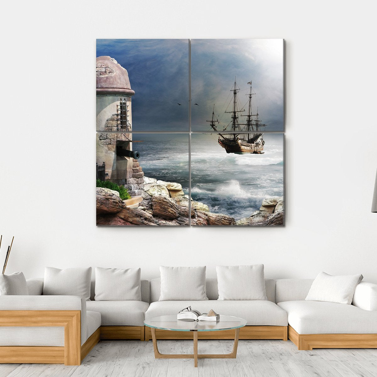 Pirate Ship Anchored In Bay Of A Fort Canvas Wall Art-4 Square-Gallery Wrap-17" x 17"-Tiaracle