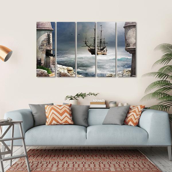 Pirate Ship Anchored In Bay Of A Fort Canvas Wall Art-5 Horizontal-Gallery Wrap-22" x 12"-Tiaracle