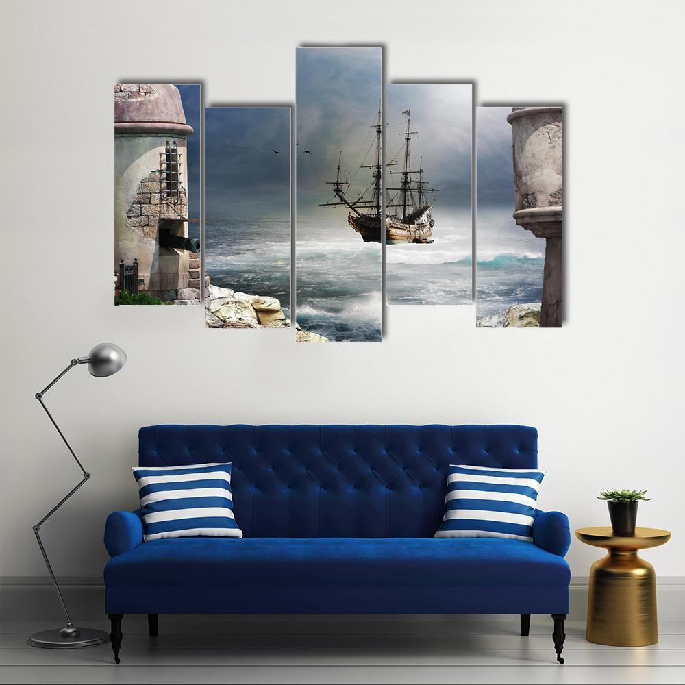 Pirate Ship Anchored In Bay Of A Fort Canvas Wall Art-5 Pop-Gallery Wrap-47" x 32"-Tiaracle