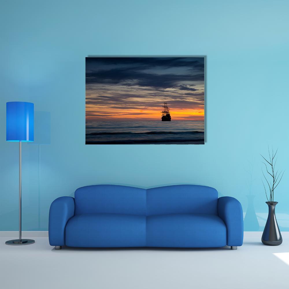 Pirate Ship At Sunset Canvas Wall Art-4 Pop-Gallery Wrap-50" x 32"-Tiaracle